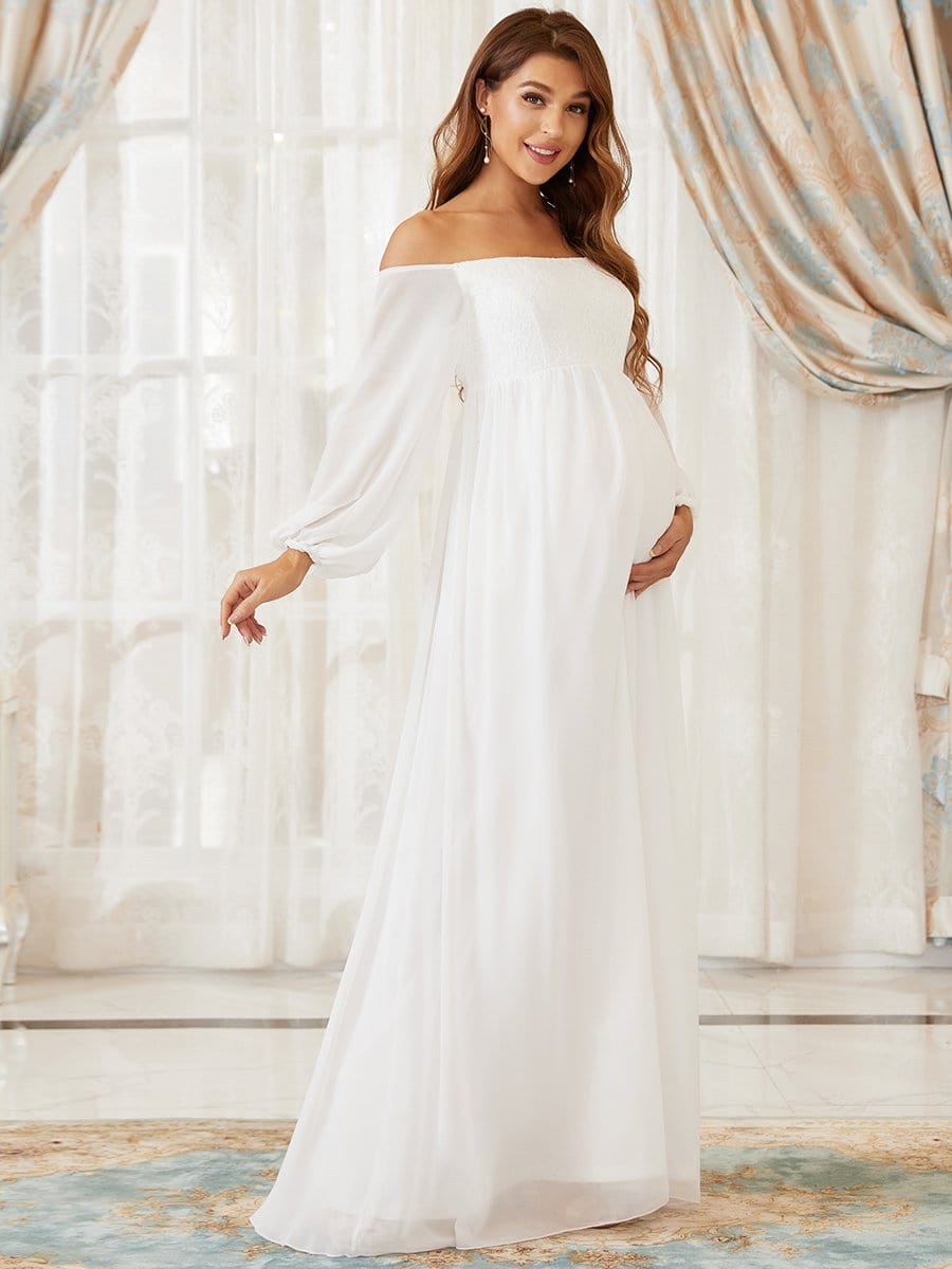 Color=Cream | Elegant Off Shoulder Lantern Sleeves Lace Maternity Dress-Cream 5
