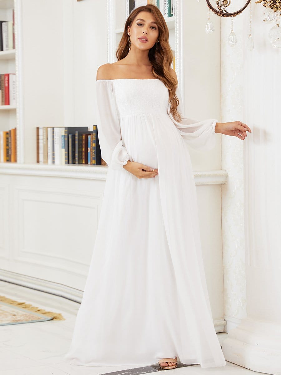 Color=Cream | Elegant Off Shoulder Lantern Sleeves Lace Maternity Dress-Cream 3