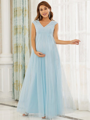 Color=Sky Blue | Simple Sleeveless Embroidered Maxi Maternity Dress-Sky Blue 1