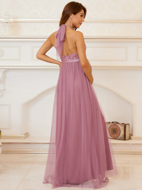 Color=Purple Orchid | Elegant Halter Neck Sequin Tulle Maternity Dress-Purple Orchid 2