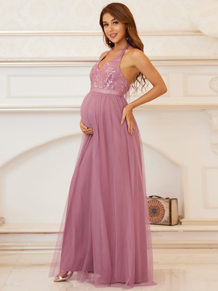 Color=Purple Orchid | Elegant Halter Neck Sequin Tulle Maternity Dress-Purple Orchid 5