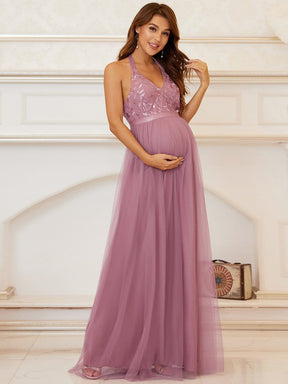 Color=Purple Orchid | Elegant Halter Neck Sequin Tulle Maternity Dress-Purple Orchid 3