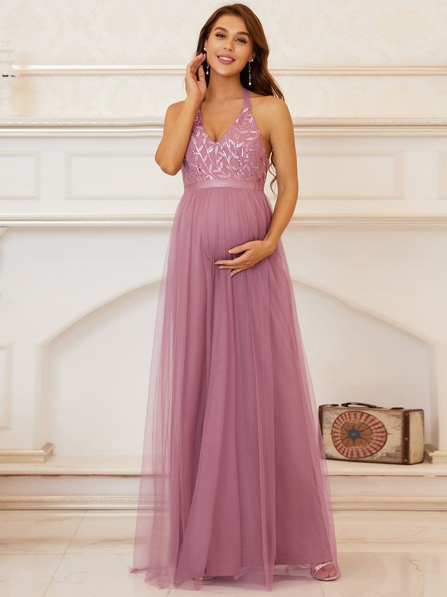 Color=Purple Orchid | Elegant Halter Neck Sequin Tulle Maternity Dress-Purple Orchid 1