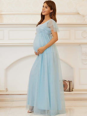 Color=Sky Blue | Empire Waist Tulle Sequin Maxi Maternity Dress-Sky Blue 5