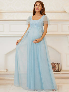 Color=Sky Blue | Empire Waist Tulle Sequin Maxi Maternity Dress-Sky Blue 3