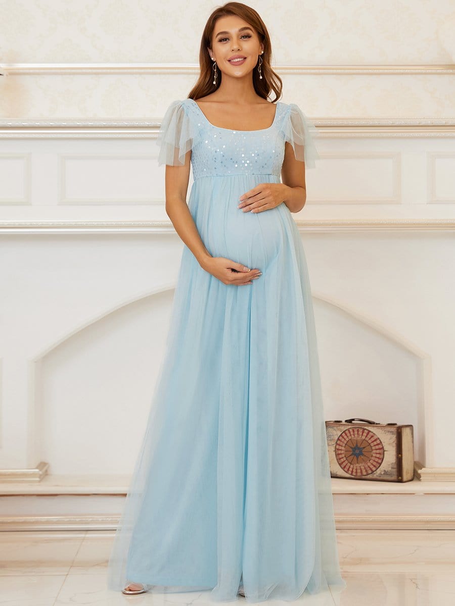 Color=Sky Blue | Empire Waist Tulle Sequin Maxi Maternity Dress-Sky Blue 1