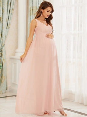 Color=Pink | A Line Sleeveless Embroidered Maxi Maternity Dress-Pink 5