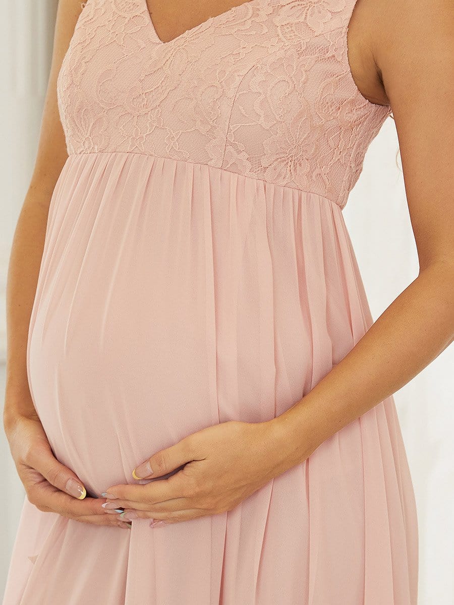 Color=Pink | A Line Sleeveless Embroidered Maxi Maternity Dress-Pink 4