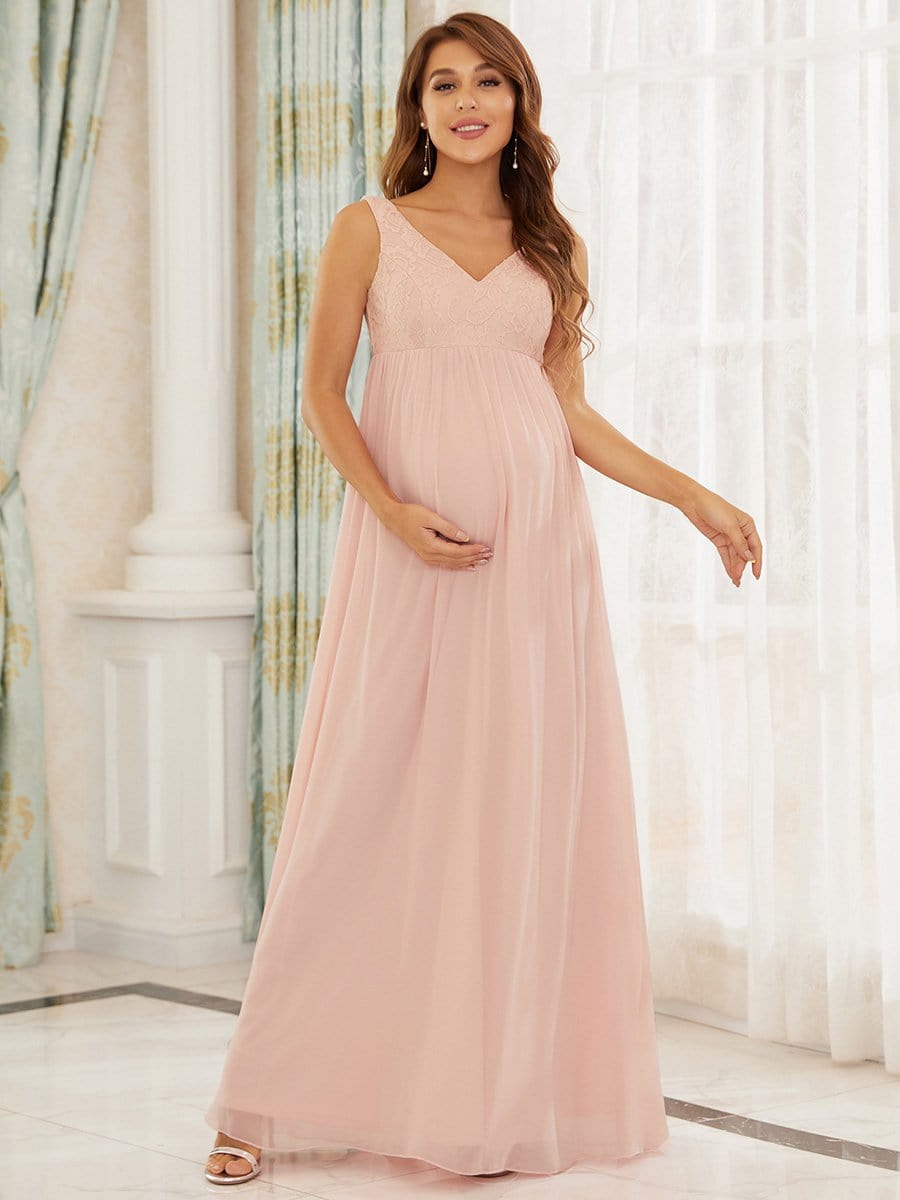 Color=Pink | A Line Sleeveless Embroidered Maxi Maternity Dress-Pink 1