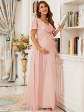 Color=Pink | Chiffon Empire Waist Ruffle Maxi Maternity Dress-Pink 3