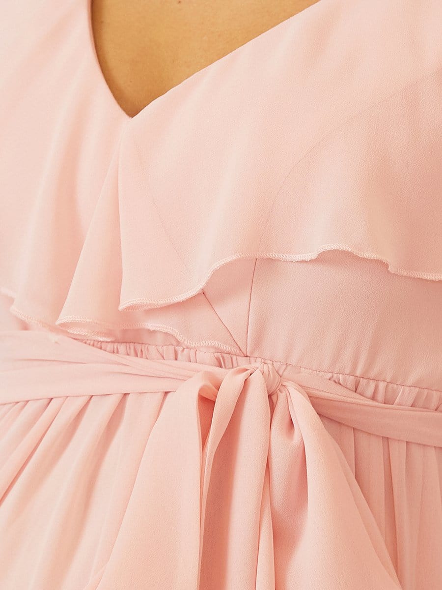 Color=Pink | Chiffon Empire Waist Ruffle Maxi Maternity Dress-Pink 4