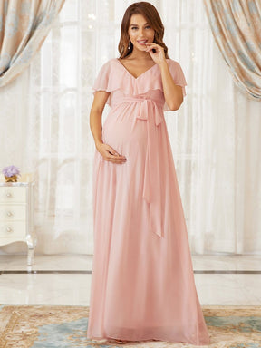 Color=Pink | Chiffon Empire Waist Ruffle Maxi Maternity Dress-Pink 1