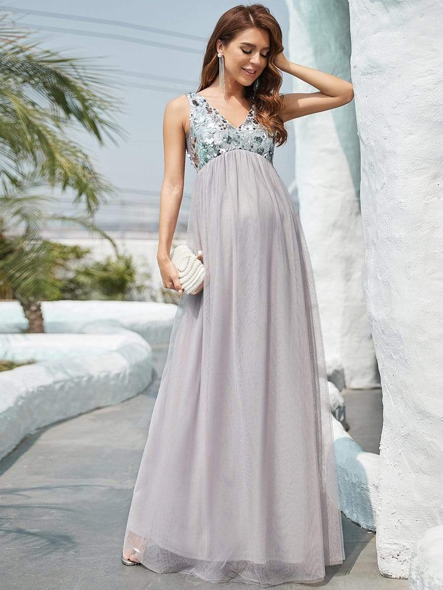 Color=Grey | Mid-Rib Deep V Sequin Bodice Long Maternity Evening Dress-Grey 5