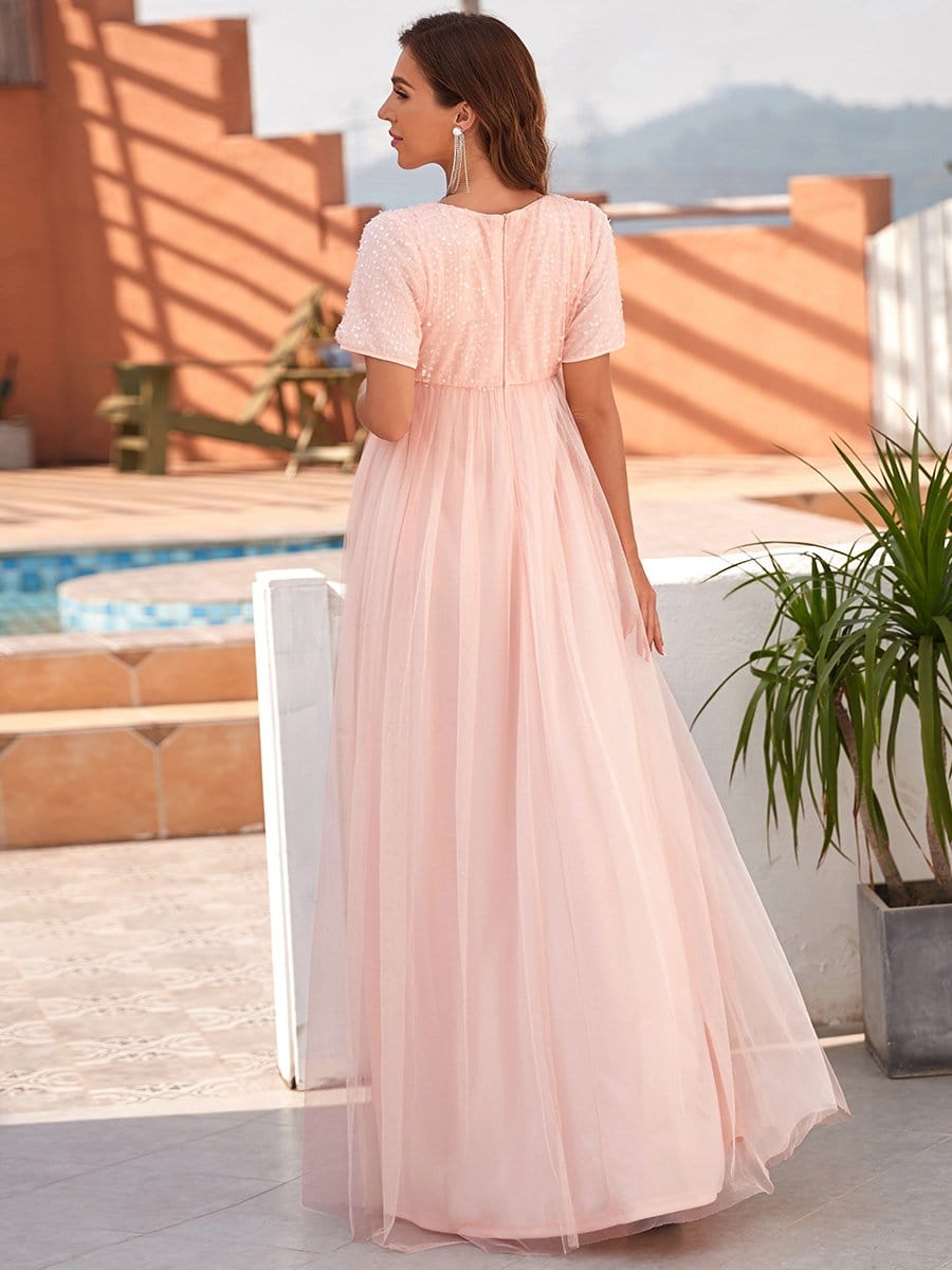 Color=Pink | Tulle V Neck Mid-Rib Short Sleeves Sequin Long Maternity Dress-Pink 2