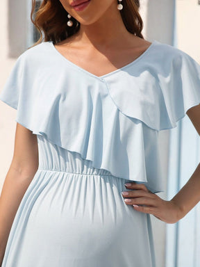 Color=Sky Blue | Short Sleeves V Neck Ruffles Collar Fishtail Long Maternity Dress-Sky Blue 3