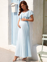 Color=Sky Blue | Short Sleeves V Neck Ruffles Collar Fishtail Long Maternity Dress-Sky Blue 1