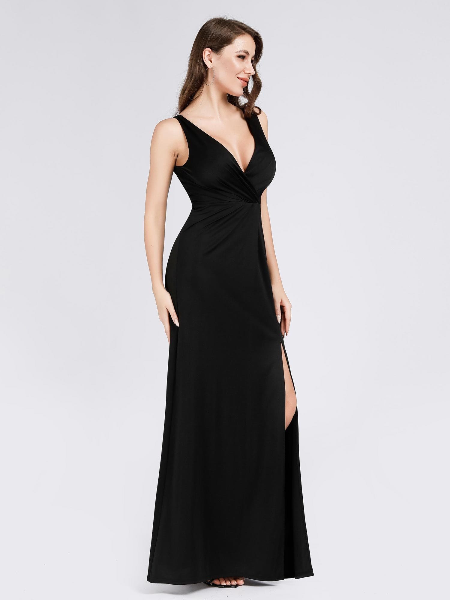 Color=Black | Women'S V-Neck Wrap Side Split Floor Length Evening Dress-Black 1