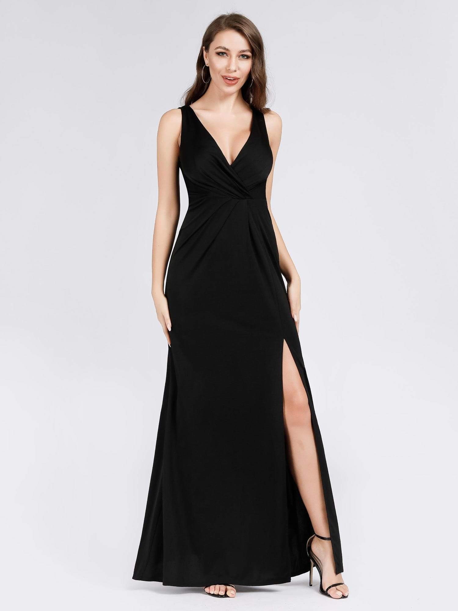 Color=Black | Women'S V-Neck Wrap Side Split Floor Length Evening Dress-Black 2