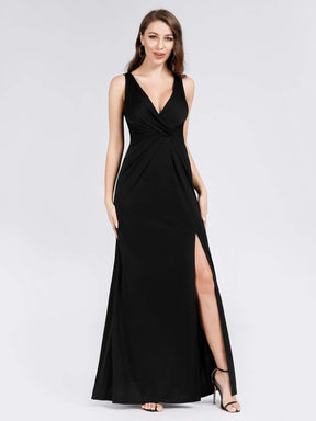 Color=Black | Women'S V-Neck Wrap Side Split Floor Length Evening Dress-Black 2