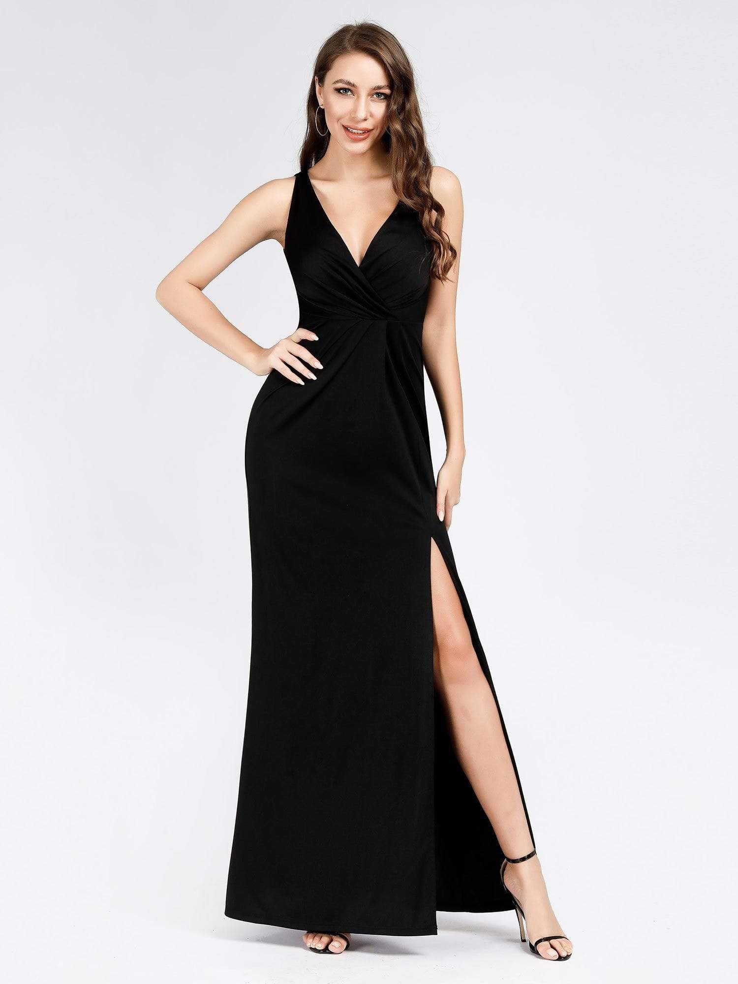 Color=Black | Women'S V-Neck Wrap Side Split Floor Length Evening Dress-Black 4
