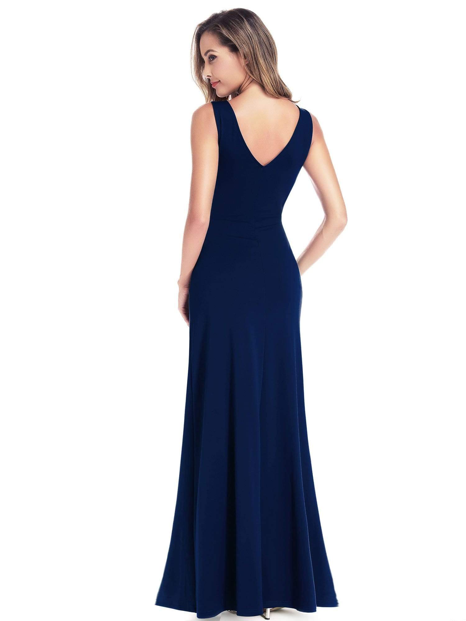Color=Navy Blue | Women'S V-Neck Wrap Side Split Floor Length Evening Dress-Navy Blue 5