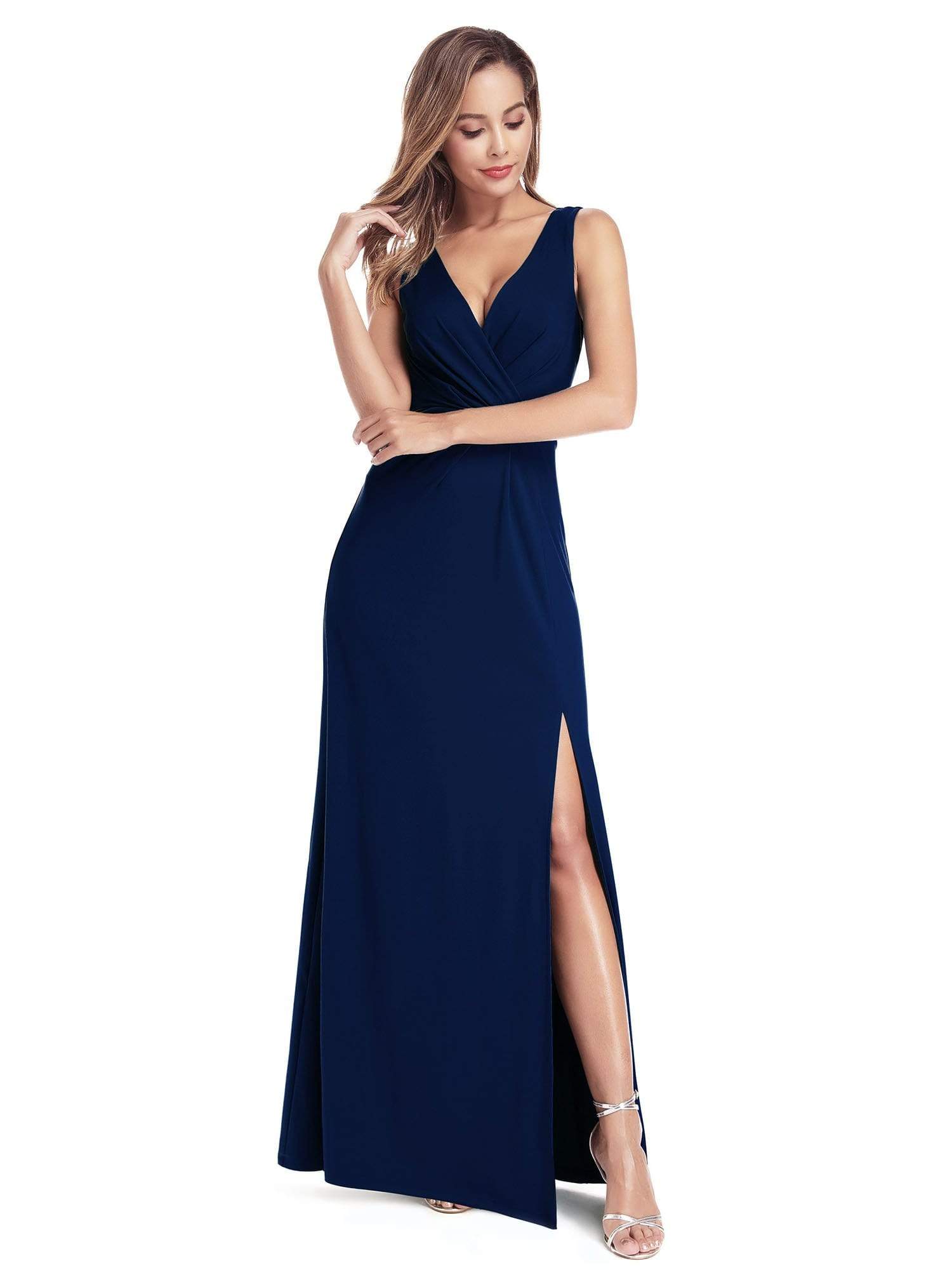 Color=Navy Blue | Women'S V-Neck Wrap Side Split Floor Length Evening Dress-Navy Blue 2