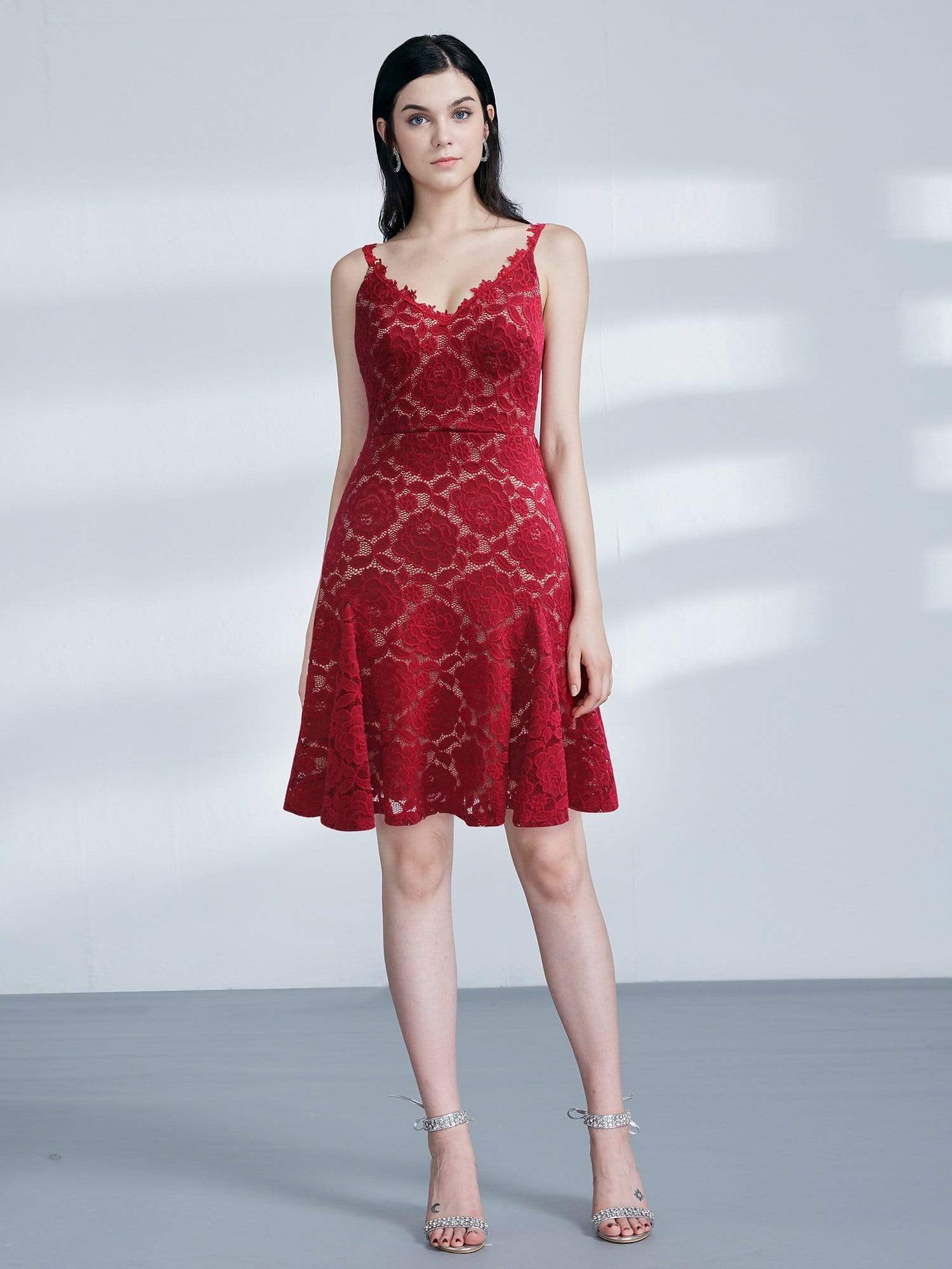 Color=Burgundy | Women Elegant A Line V Neck Lace Cocktail Dress Knee Length-Burgundy 1