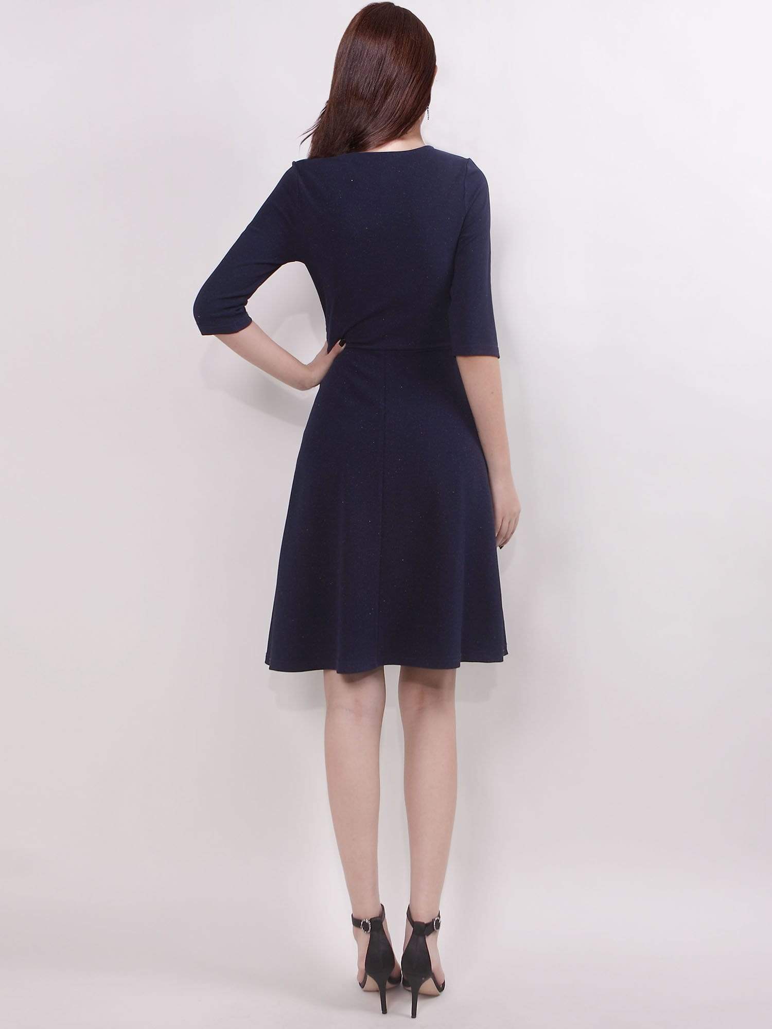 Color=Navy Blue | Half Sleeve V Neck Short Casual Dress-Navy Blue 2