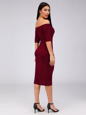 Color=Burgundy | Women'S Off Shoulder High Split Bodycon Knee-Length Cocktail Dress-Burgundy 5