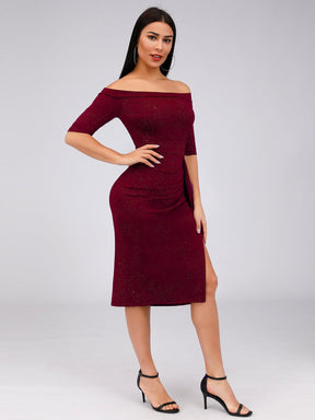 Color=Burgundy | Women'S Off Shoulder High Split Bodycon Knee-Length Cocktail Dress-Burgundy 1