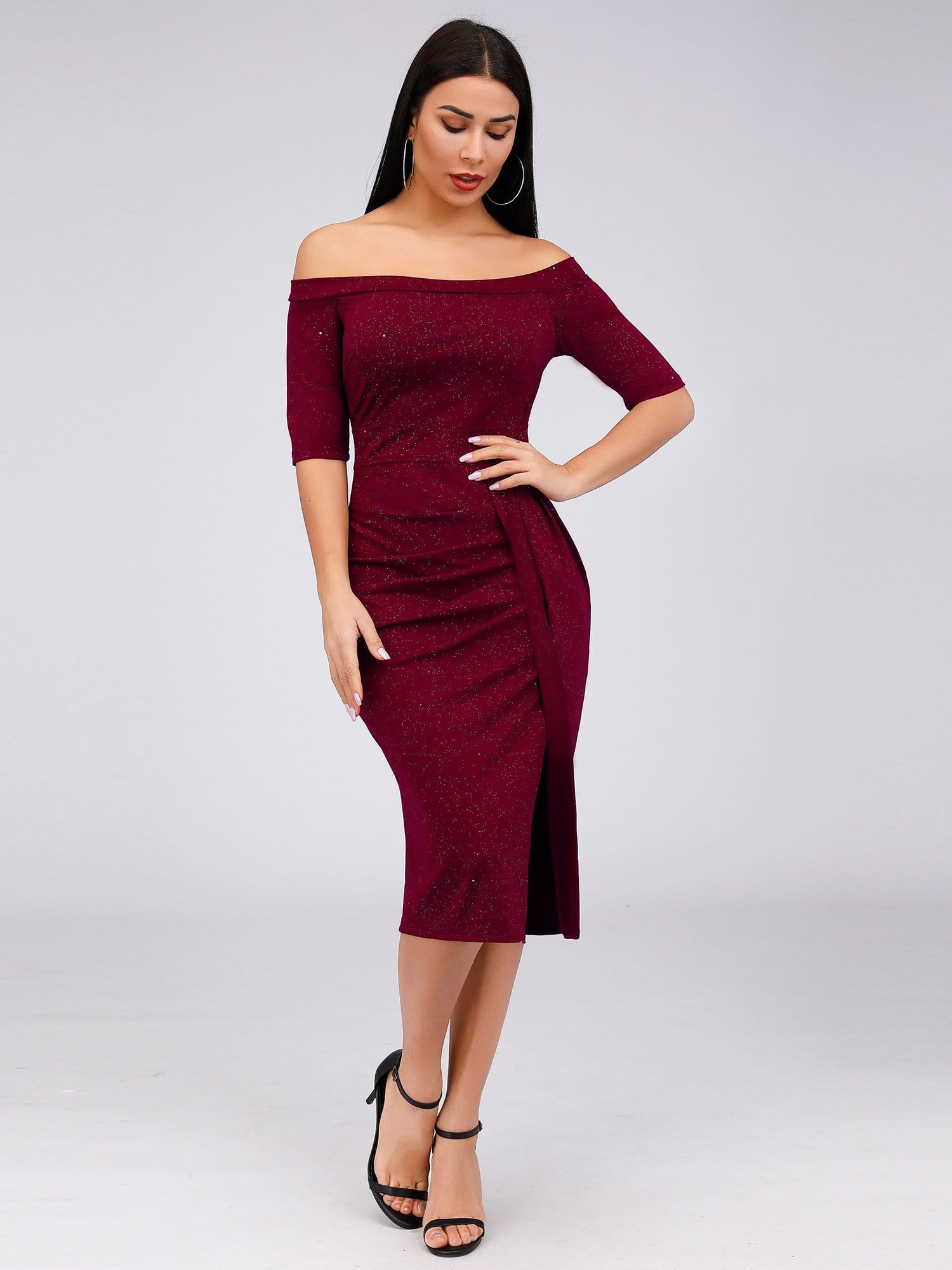 Color=Burgundy | Women'S Off Shoulder High Split Bodycon Knee-Length Cocktail Dress-Burgundy 2