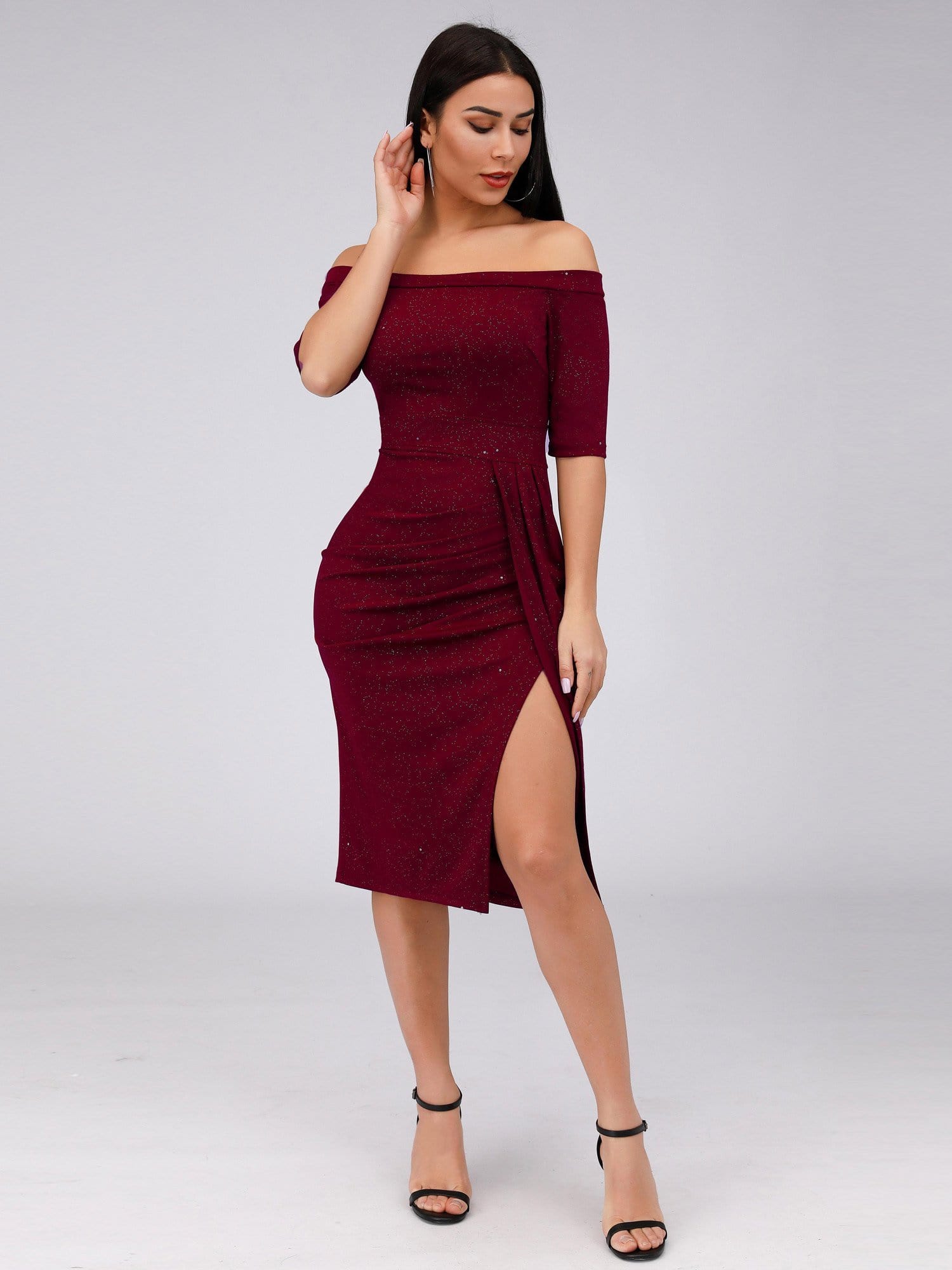 Color=Burgundy | Women'S Off Shoulder High Split Bodycon Knee-Length Cocktail Dress-Burgundy 4