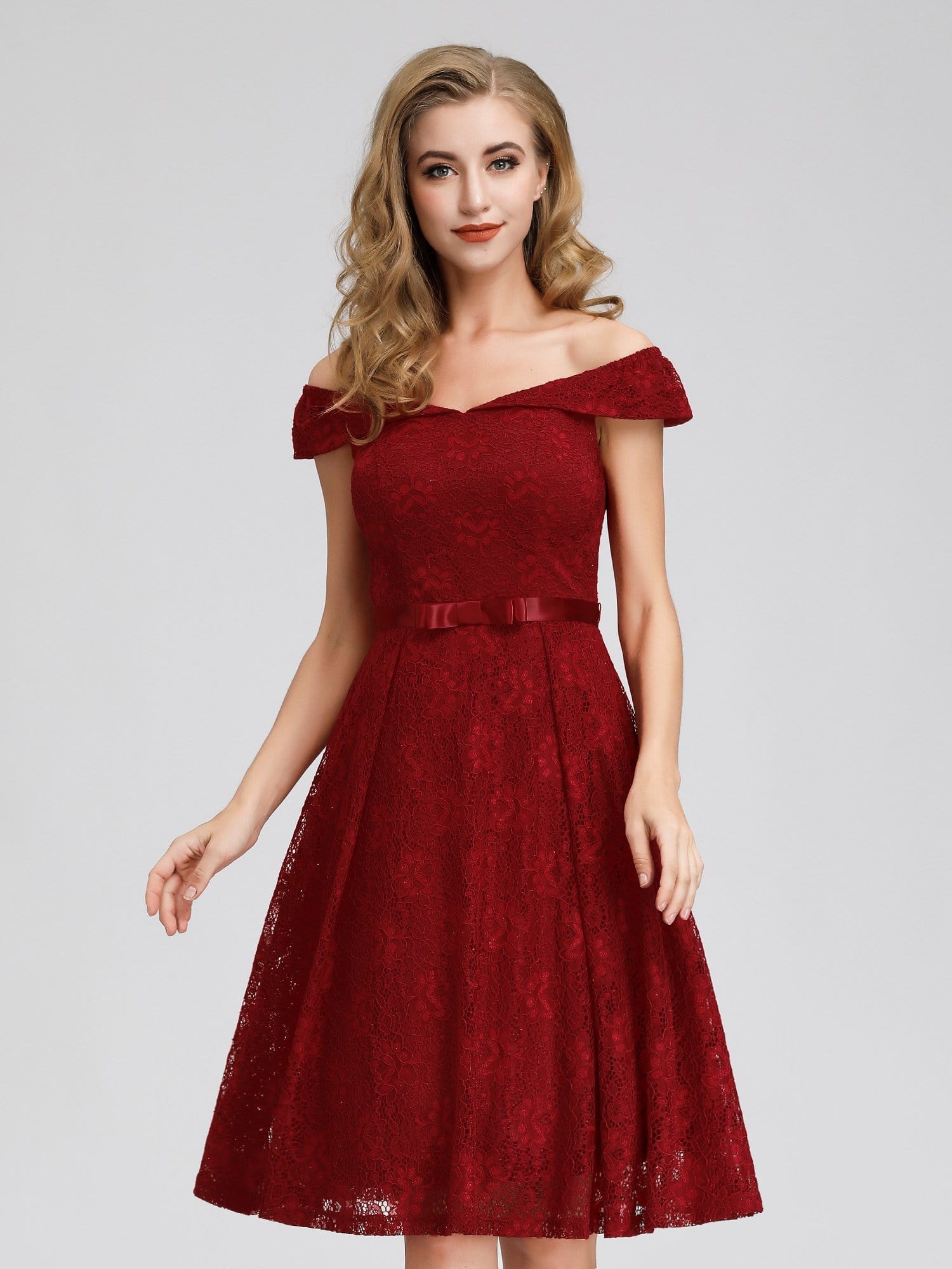 Color=Burgundy | Short Lace Off Shoulder Homecoming Dresses-Burgundy 4