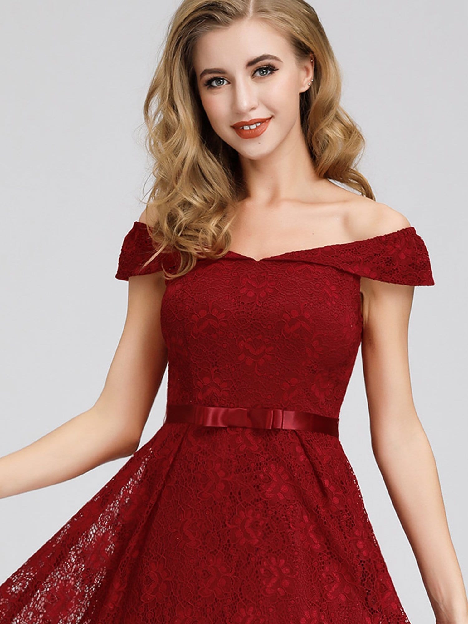 Color=Burgundy | Short Lace Off Shoulder Homecoming Dresses-Burgundy 5