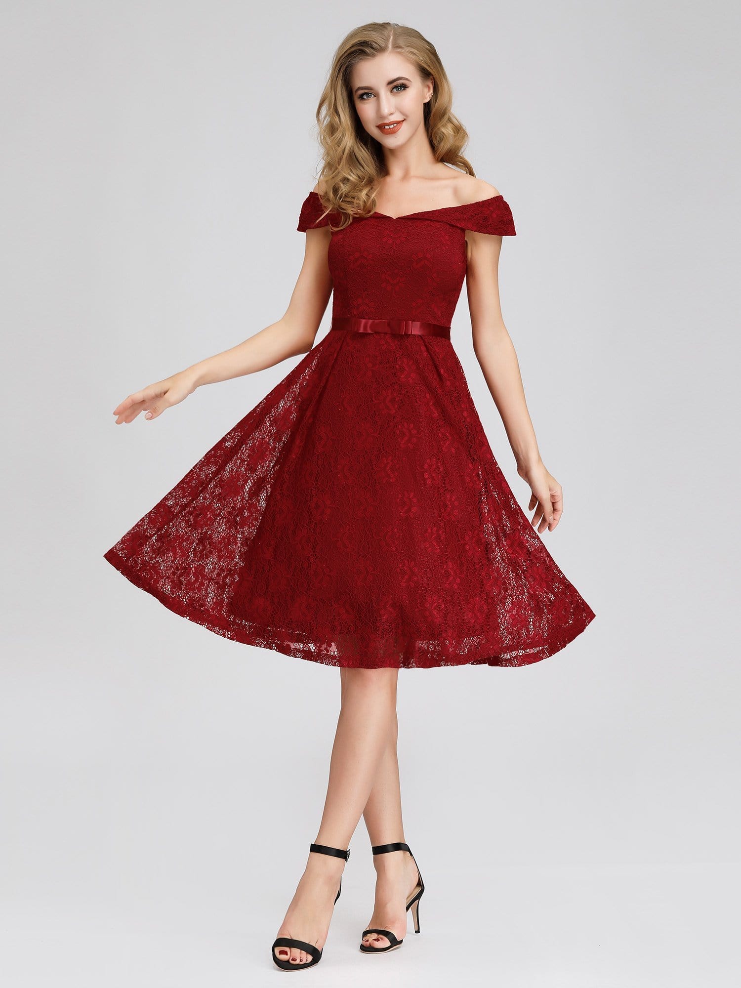 Color=Burgundy | Short Lace Off Shoulder Homecoming Dresses-Burgundy 1