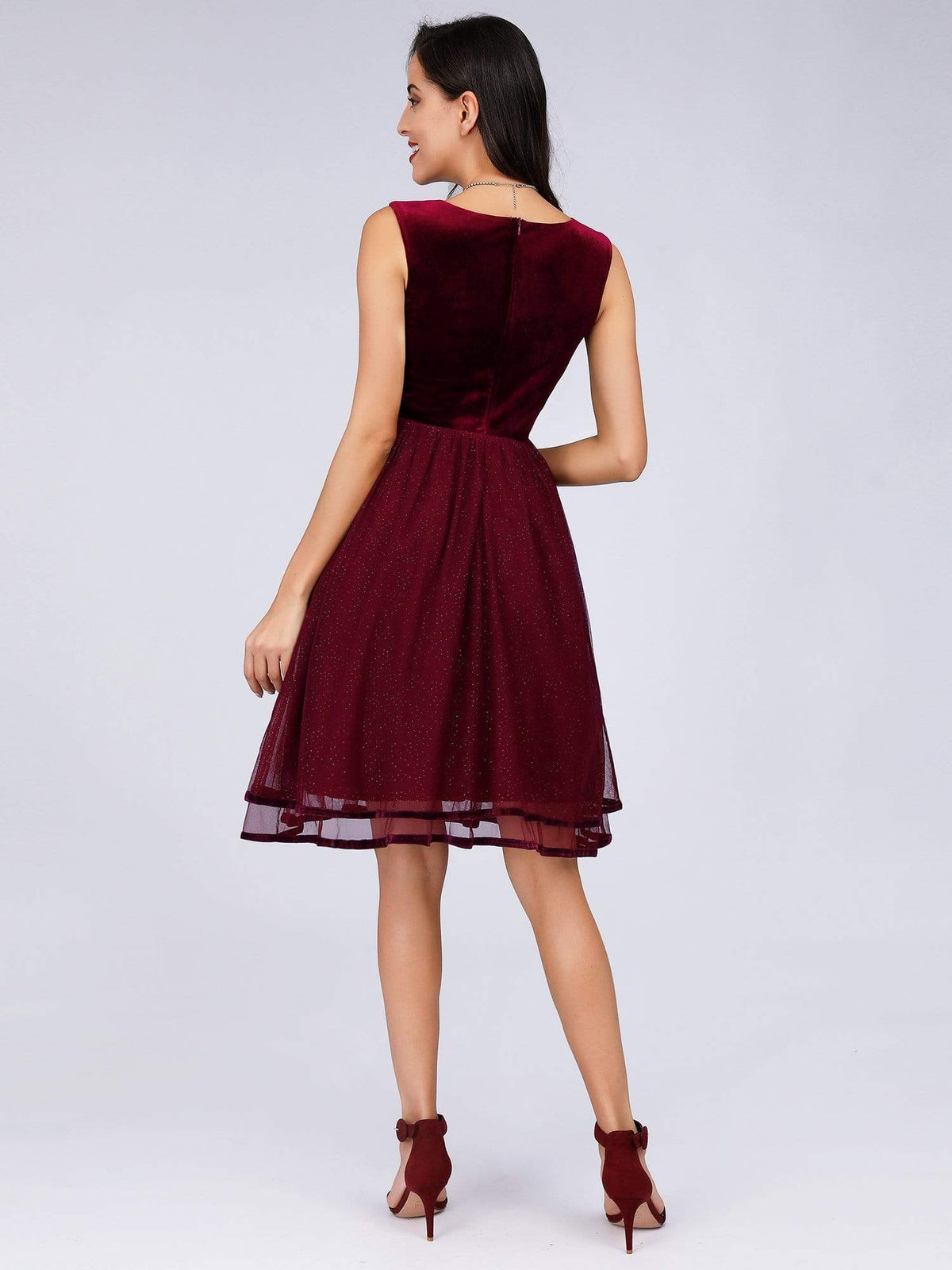 Color=Burgundy | V Neck Velvet Stitching Mesh Cocktail Dress-Burgundy 2