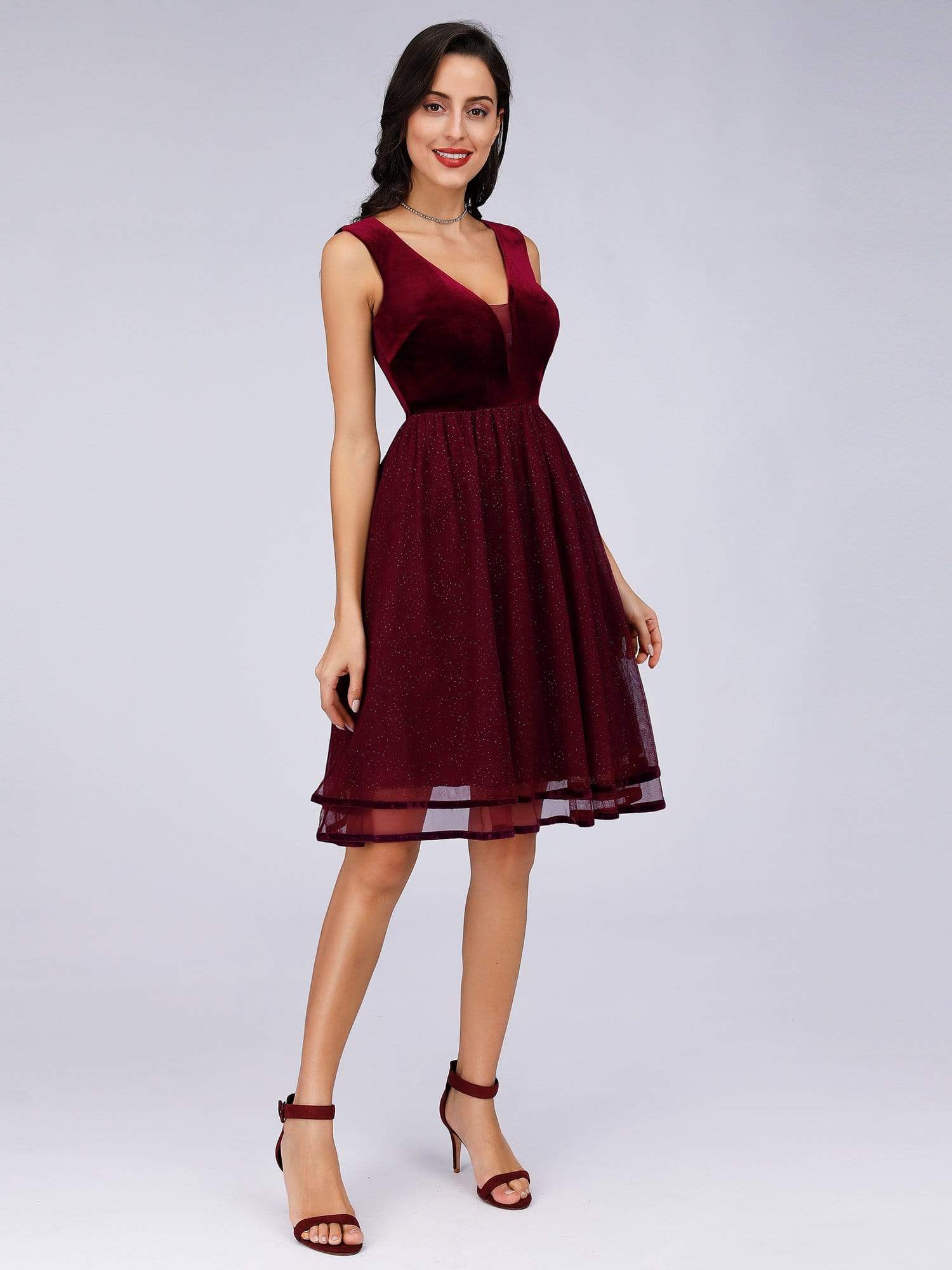 Color=Burgundy | V Neck Velvet Stitching Mesh Cocktail Dress-Burgundy 4