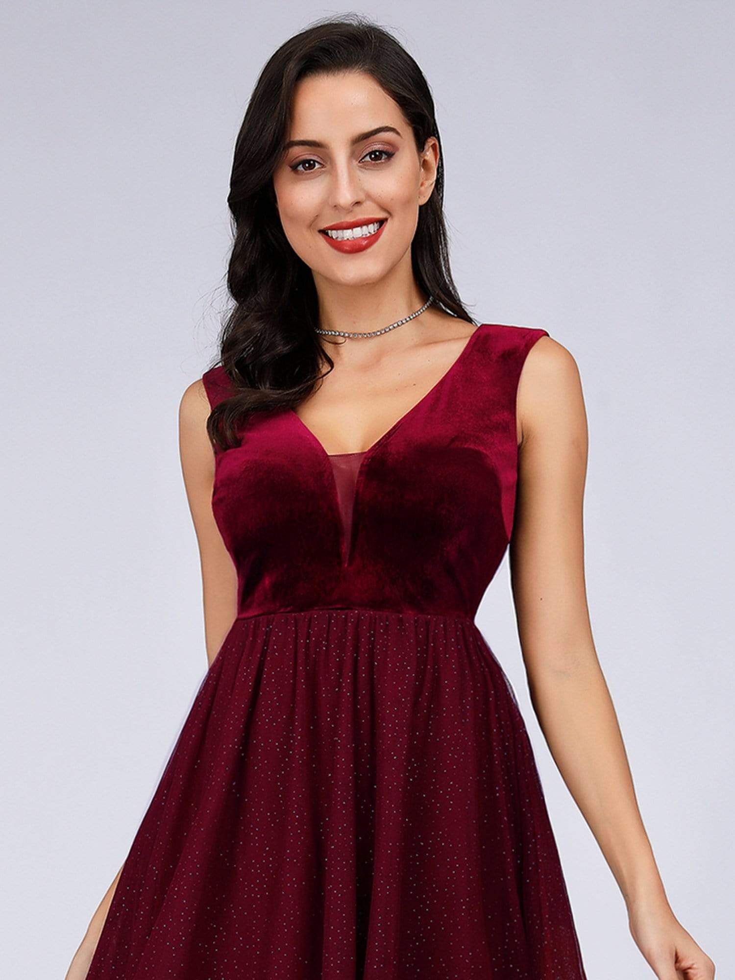 Color=Burgundy | V Neck Velvet Stitching Mesh Cocktail Dress-Burgundy 5