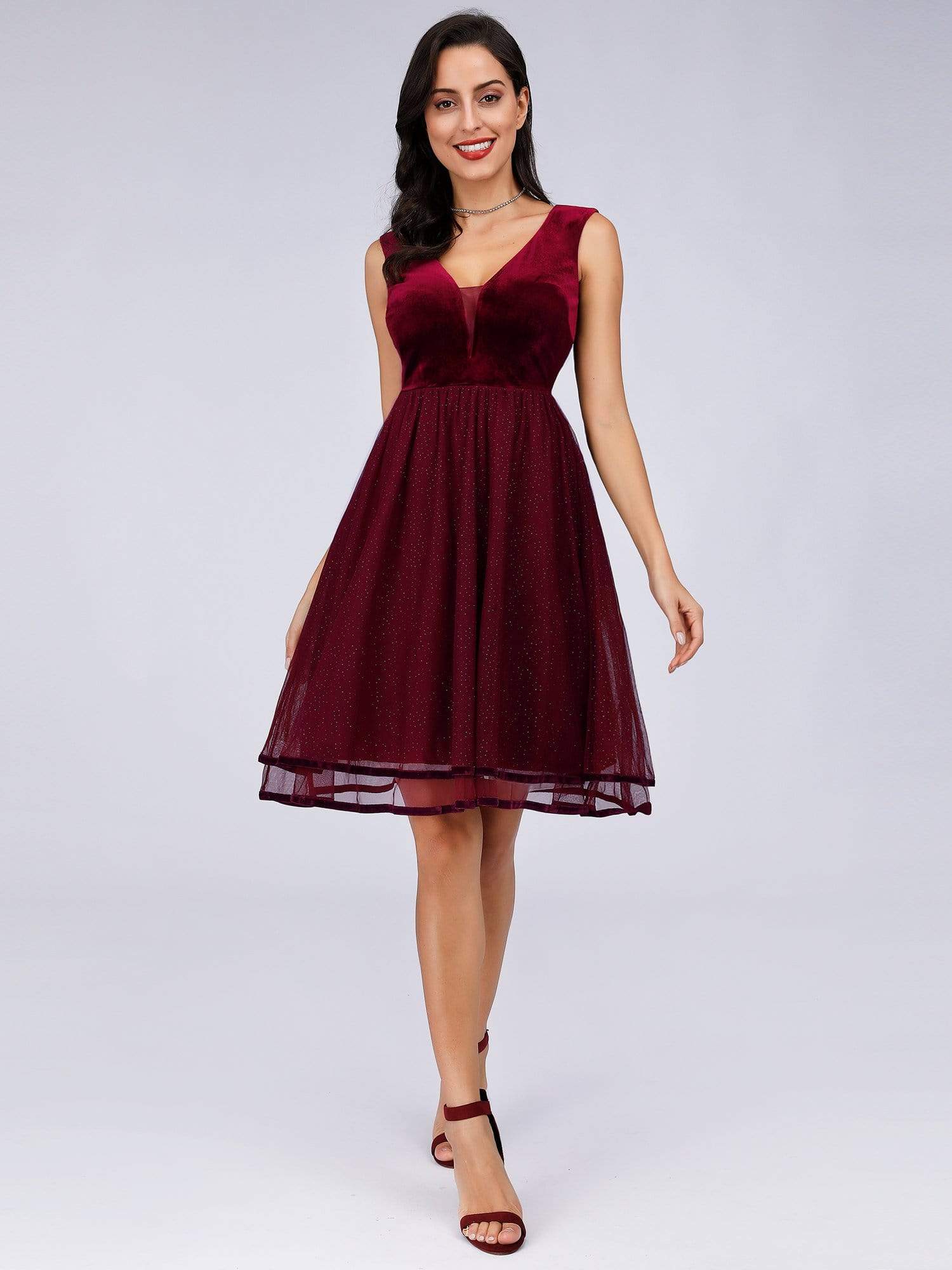Color=Burgundy | V Neck Velvet Stitching Mesh Cocktail Dress-Burgundy 1