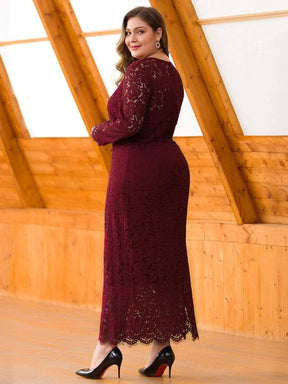 Color=Burgundy | Long Sleeve Lace Fitted Lbd-Burgundy 2