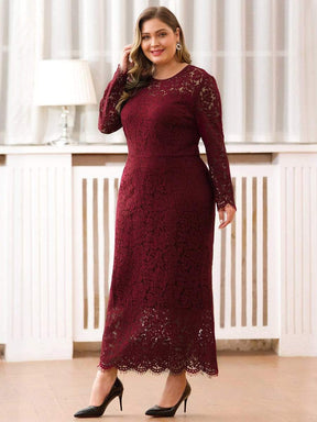 Color=Burgundy | Long Sleeve Lace Fitted Lbd-Burgundy 3