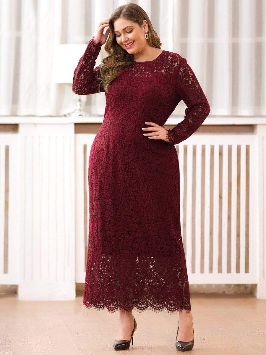 Color=Burgundy | Long Sleeve Lace Fitted Lbd-Burgundy 4