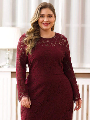 Color=Burgundy | Long Sleeve Lace Fitted Lbd-Burgundy 5