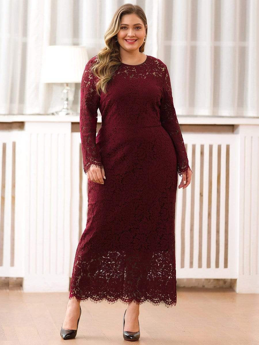 Color=Burgundy | Long Sleeve Lace Fitted Lbd-Burgundy 1