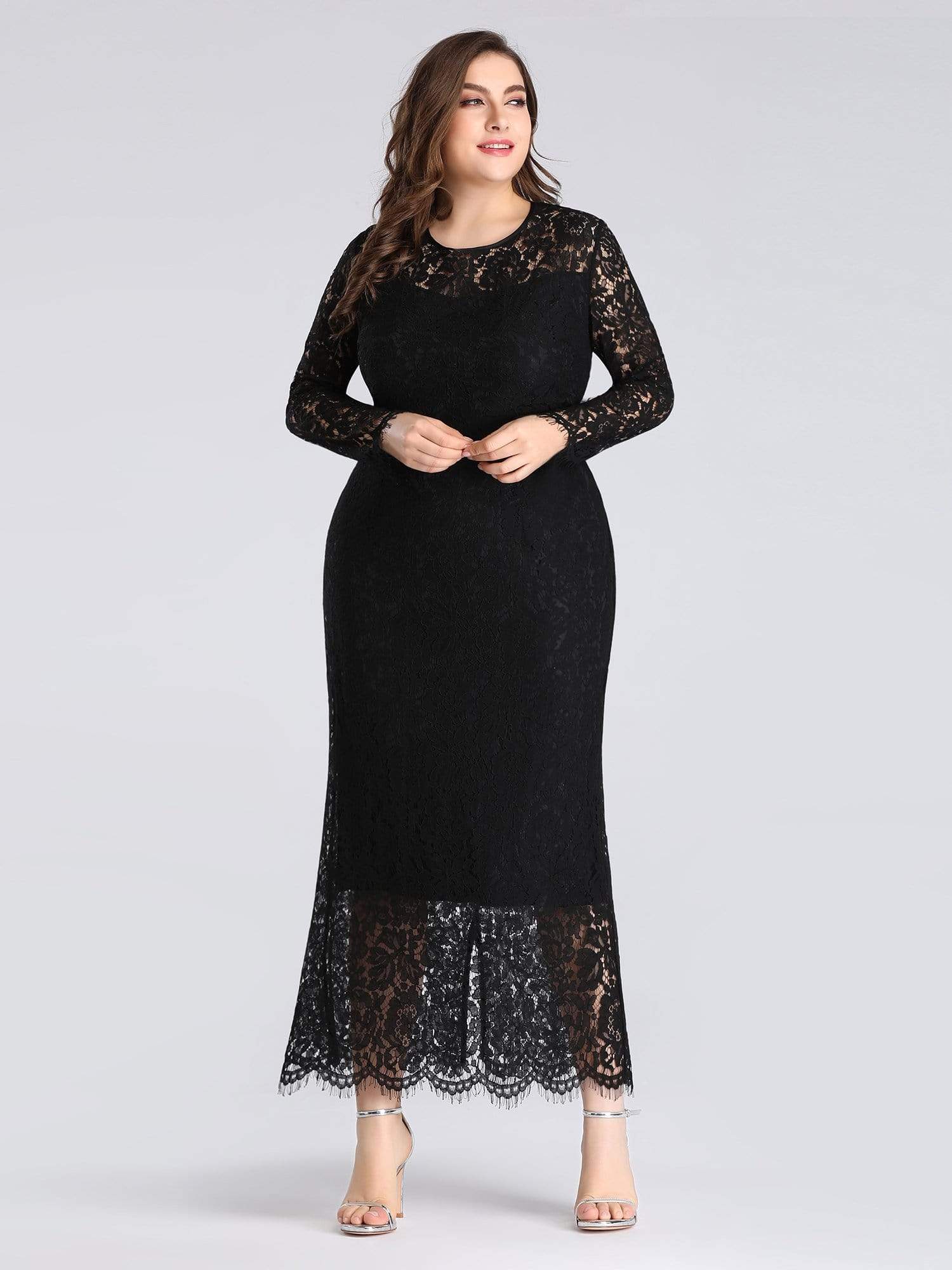 Color=Black | Long Sleeve Lace Fitted Lbd-Black 4