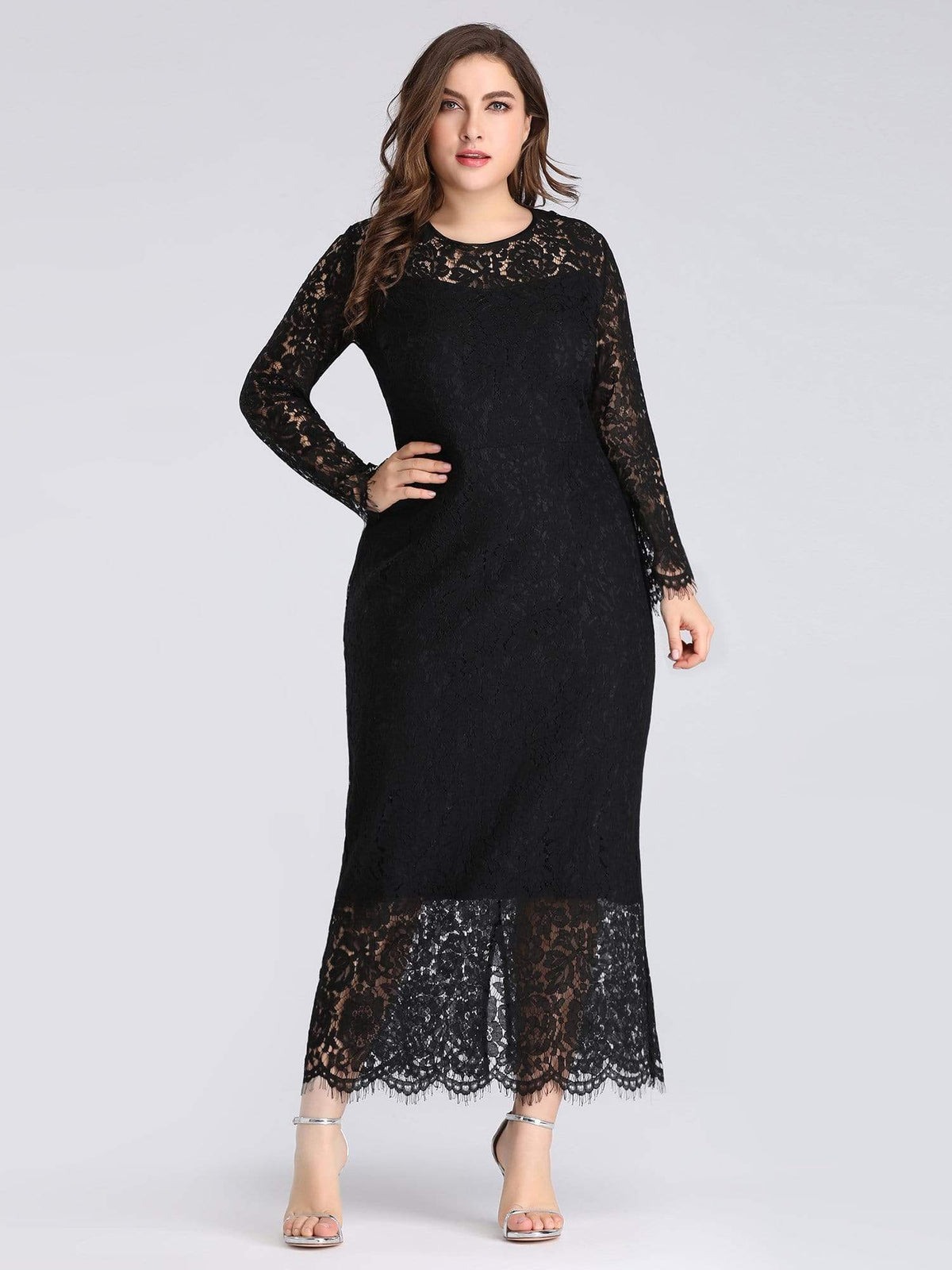 Color=Black | Long Sleeve Lace Fitted Lbd-Black 1