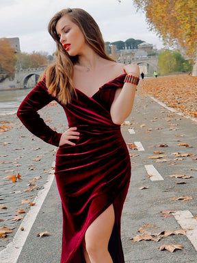 Color=Burgundy | Sexy Off Shoulder Party Dress With Asymmetrical Sleeve-Burgundy 12