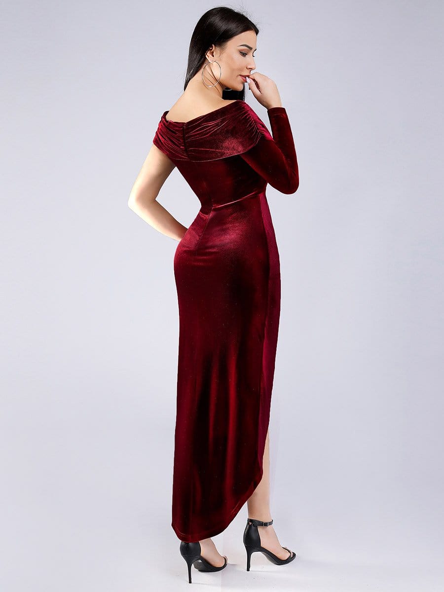 Color=Burgundy | Sexy Off Shoulder Party Dress With Asymmetrical Sleeve-Burgundy 8