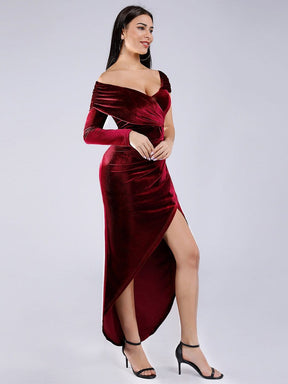 Color=Burgundy | Sexy Off Shoulder Party Dress With Asymmetrical Sleeve-Burgundy 9