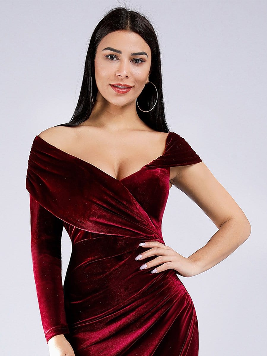 Color=Burgundy | Sexy Off Shoulder Party Dress With Asymmetrical Sleeve-Burgundy 11
